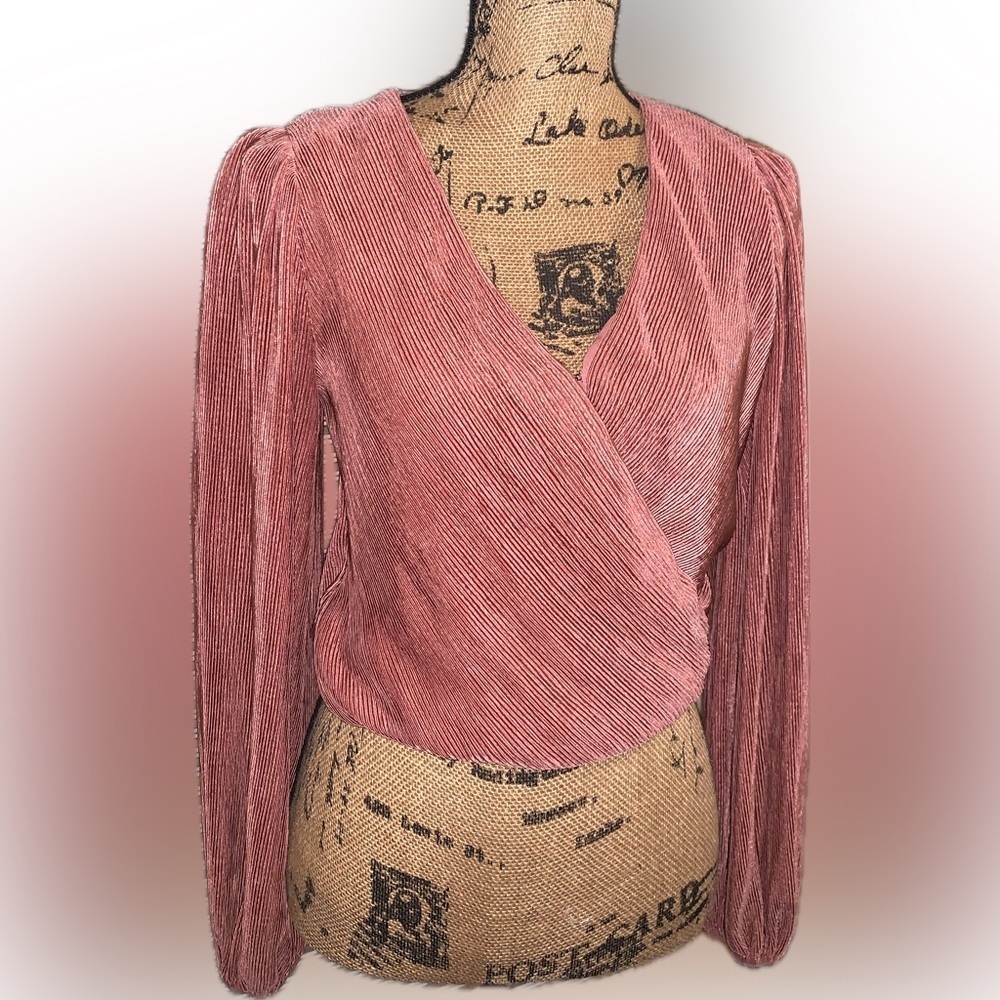 ASTR The Label Pleated Valdez Primadonna Wrap Blouse Pink Clay Puff Shoulder XS - Picture 11 of 11